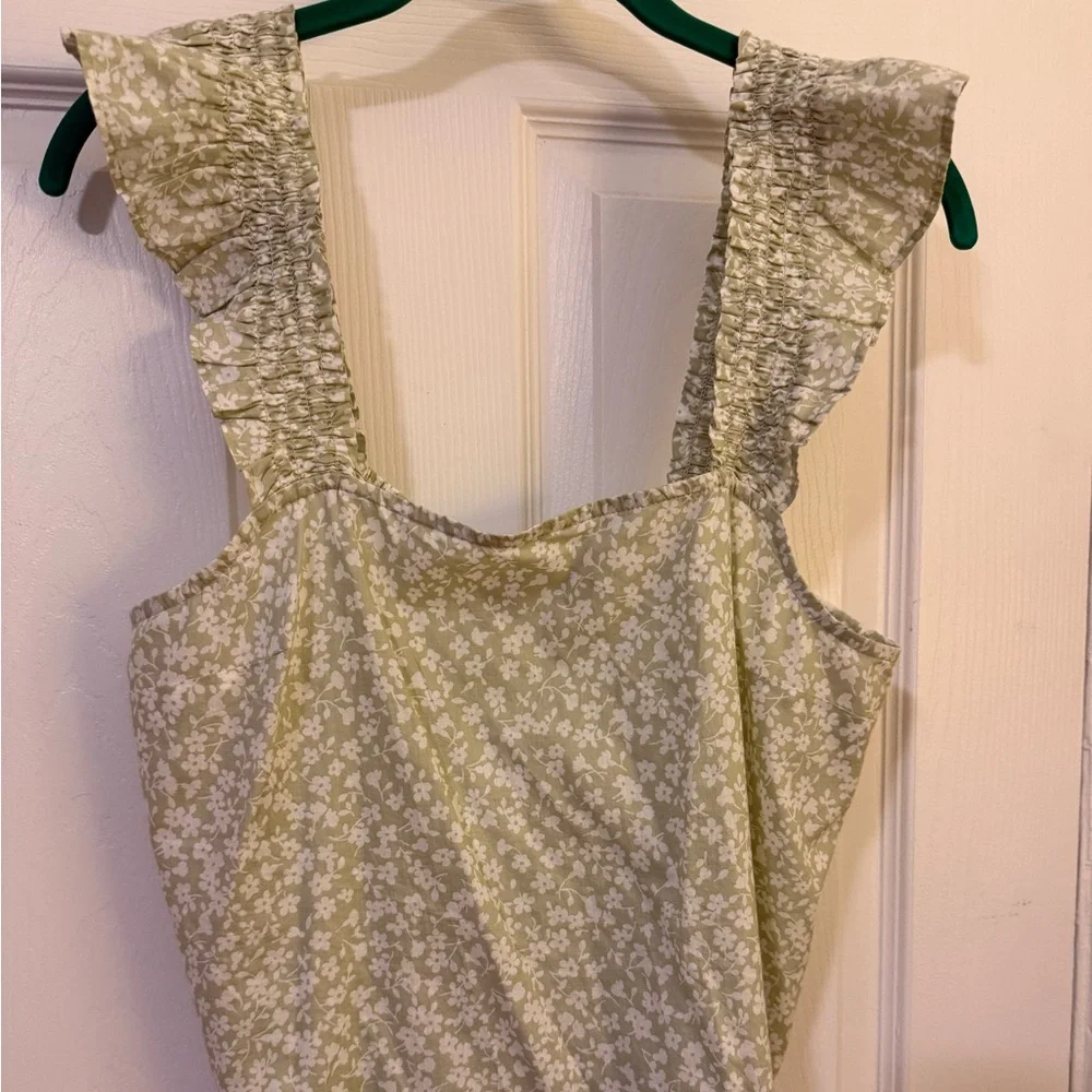 J Crew Sleeveless Ruffle Sleeve Blouse Green & White Floral M New w Tags $69.50